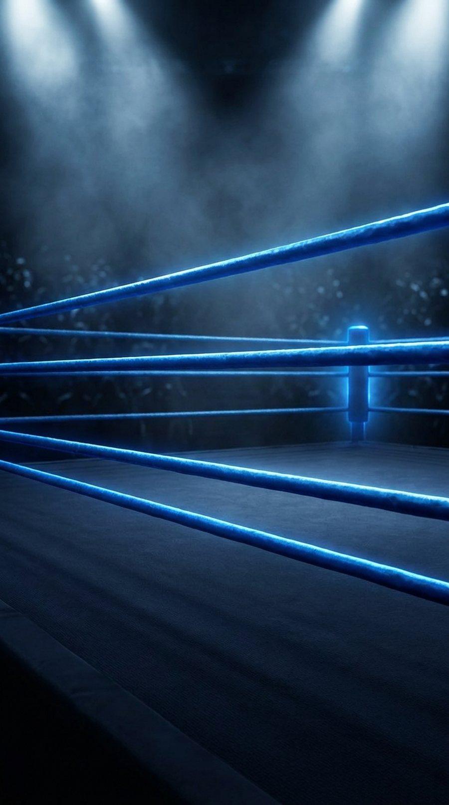 An empty boxing ring under blue lights